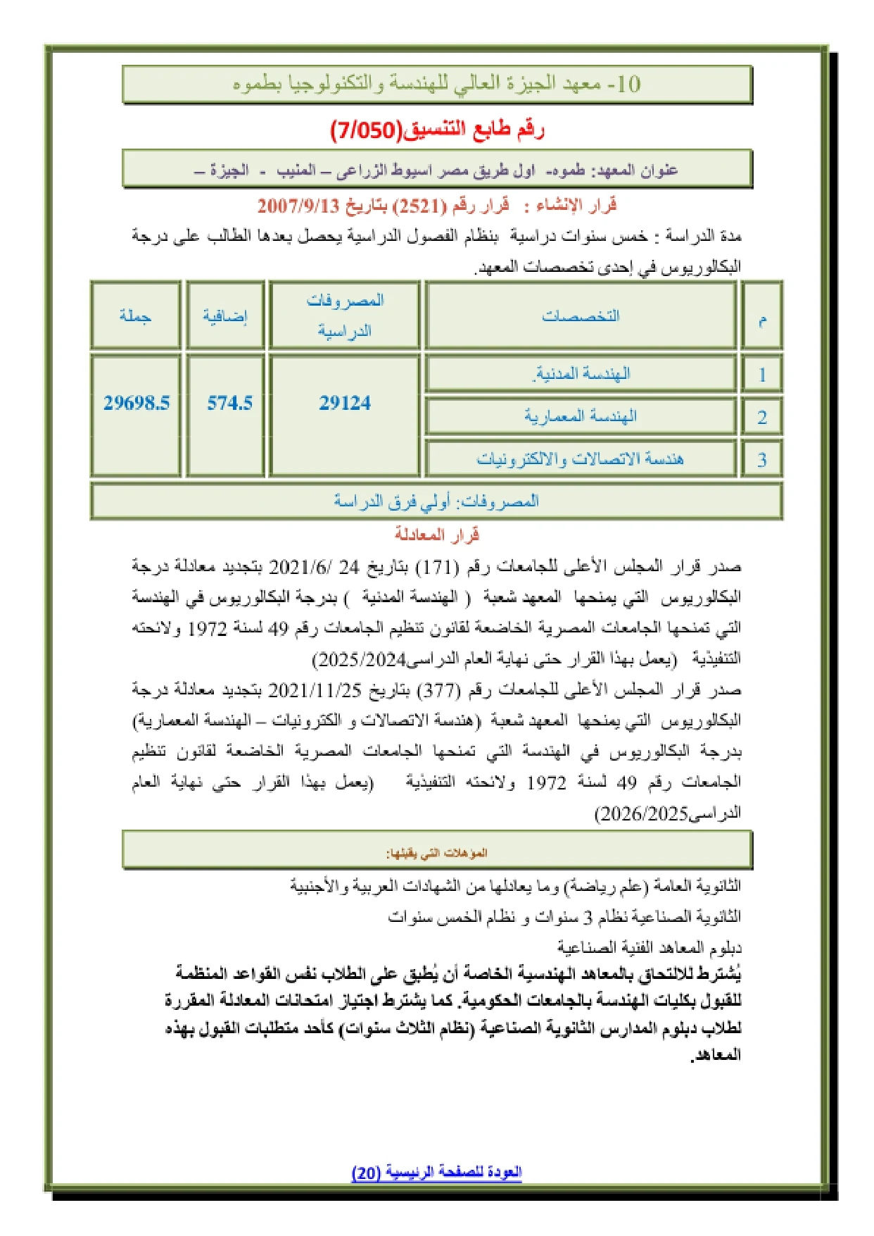 011_page-0001 تنسيق ومصاريف معهد الجيزة العالى للهندسة والتكنولوجيا بطموه وشروط القبول 2026