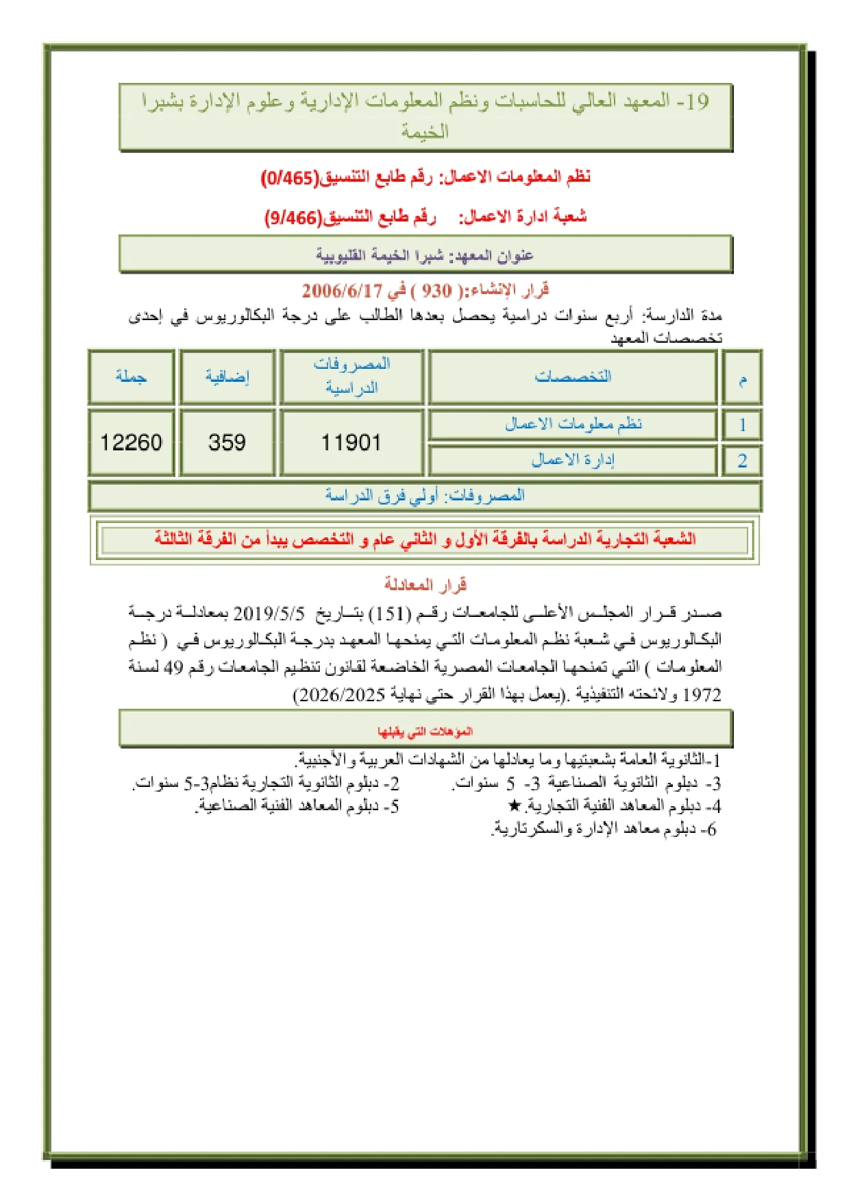 073_page-0001 مصاريف المعهد العالي للحاسبات ونظم المعلومات الادارية بشبرا الخيمة والتنسيق 2026