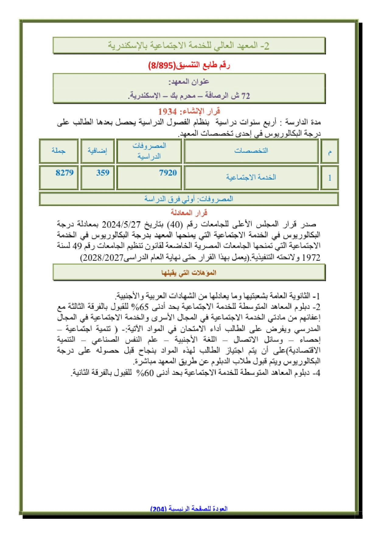 156_page-0001 تنسيق ومصاريف المعهد العالي للخدمة الاجتماعية في الاسكندرية وشروط التقديم 2026