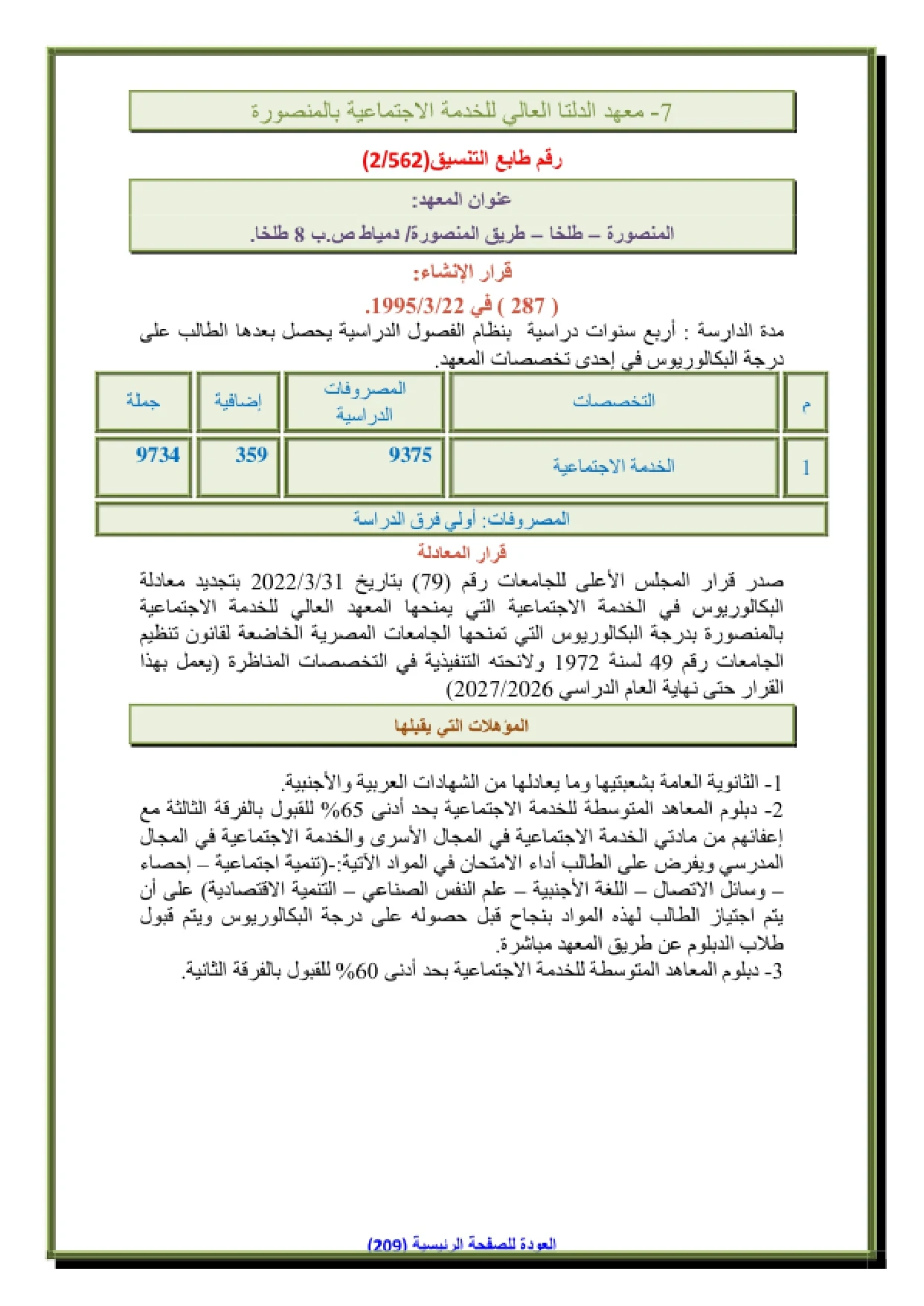 160_page-0001 تنسيق ومصاريف المعهد العالي للخدمة الاجتماعية بالمنصورة وشروط التقديم 2026