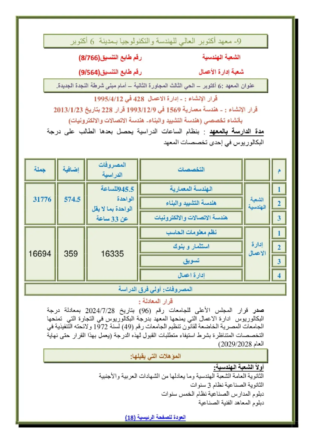 010_page-0001-1 تنسيق ومصاريف معهد اكتوبر العالى للهندسة والتكنولوجيا وشروط التقديم 2026