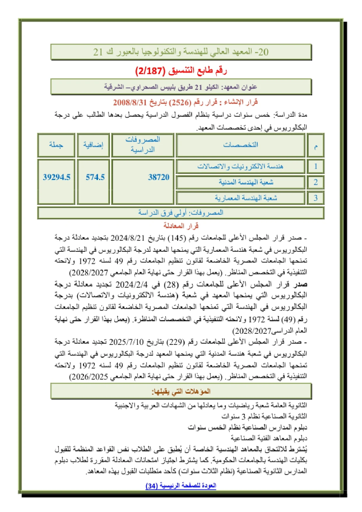 020_page-0001-1 تنسيق ومصاريف المعهد العالى للهندسة والتكنولوجيا بالعبور طريق بلبيس الصحراوي 2026