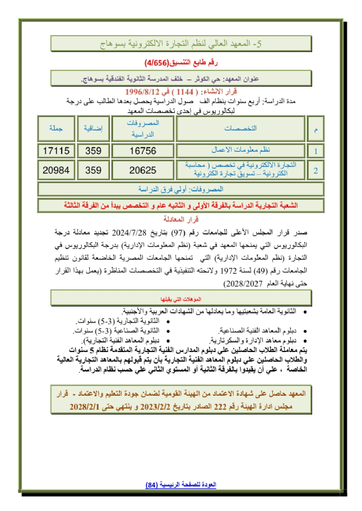 059_page-0001 تنسيق ومصاريف المعهد العالى لنظم التجارة الالكترونية سوهاج وشروط التقديم 2026