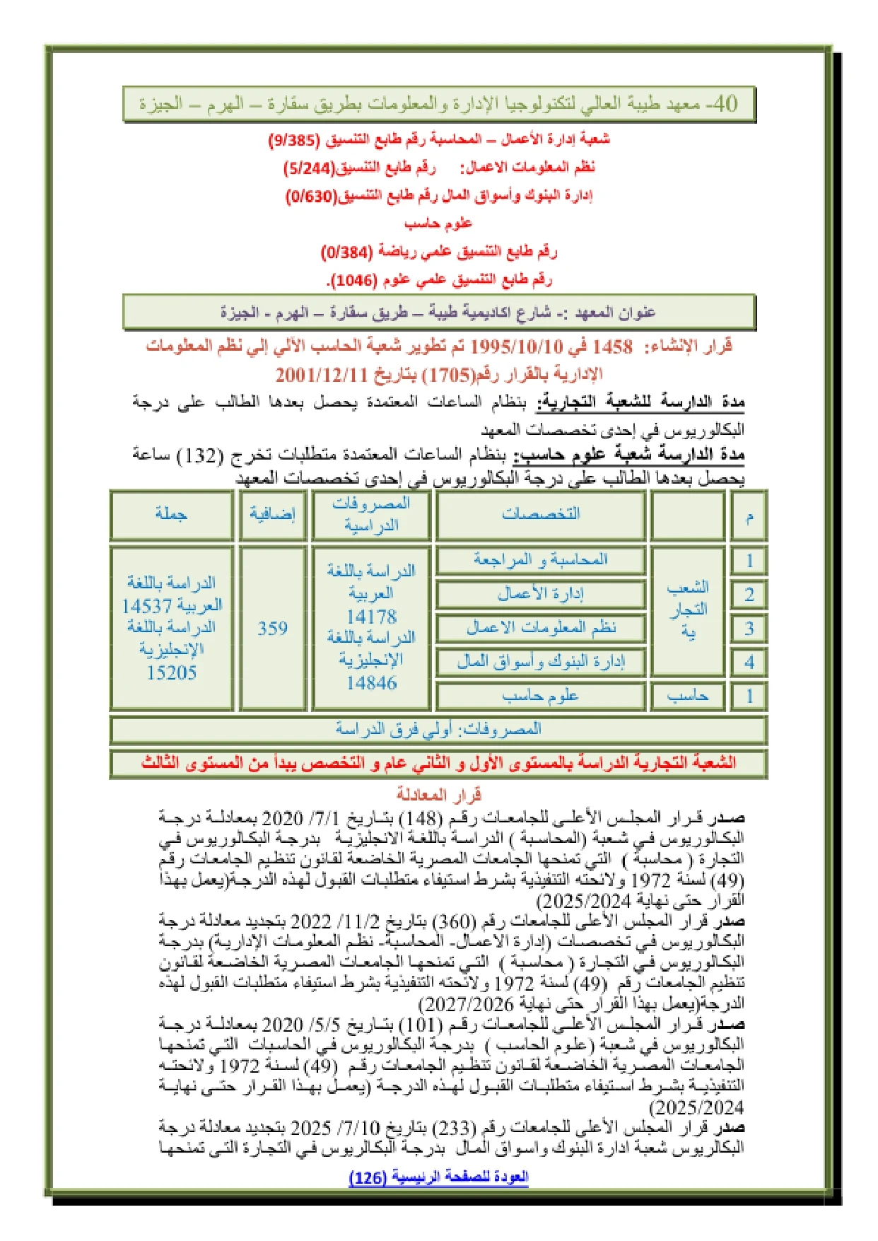 088_page-0001 تنسيق ومصاريف معهد طيبة العالي لتكنولوجيا الإدارة والمعلومات في سقاره الهرم 2026