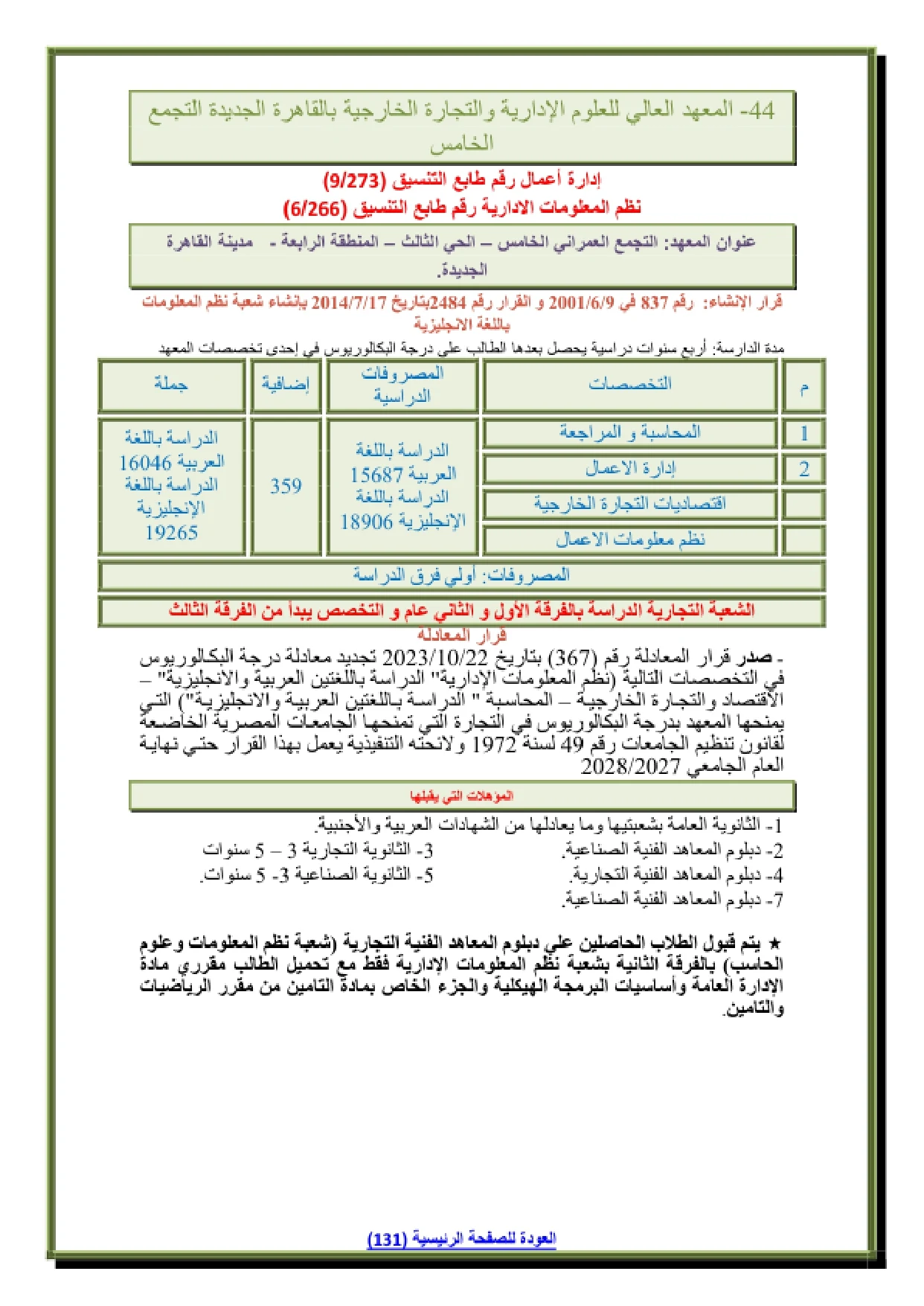 092_page-0001 تنسيق ومصاريف المعهد العالي للعلوم الادارية والتجارة الخارجية في التجمع الخامس 2026