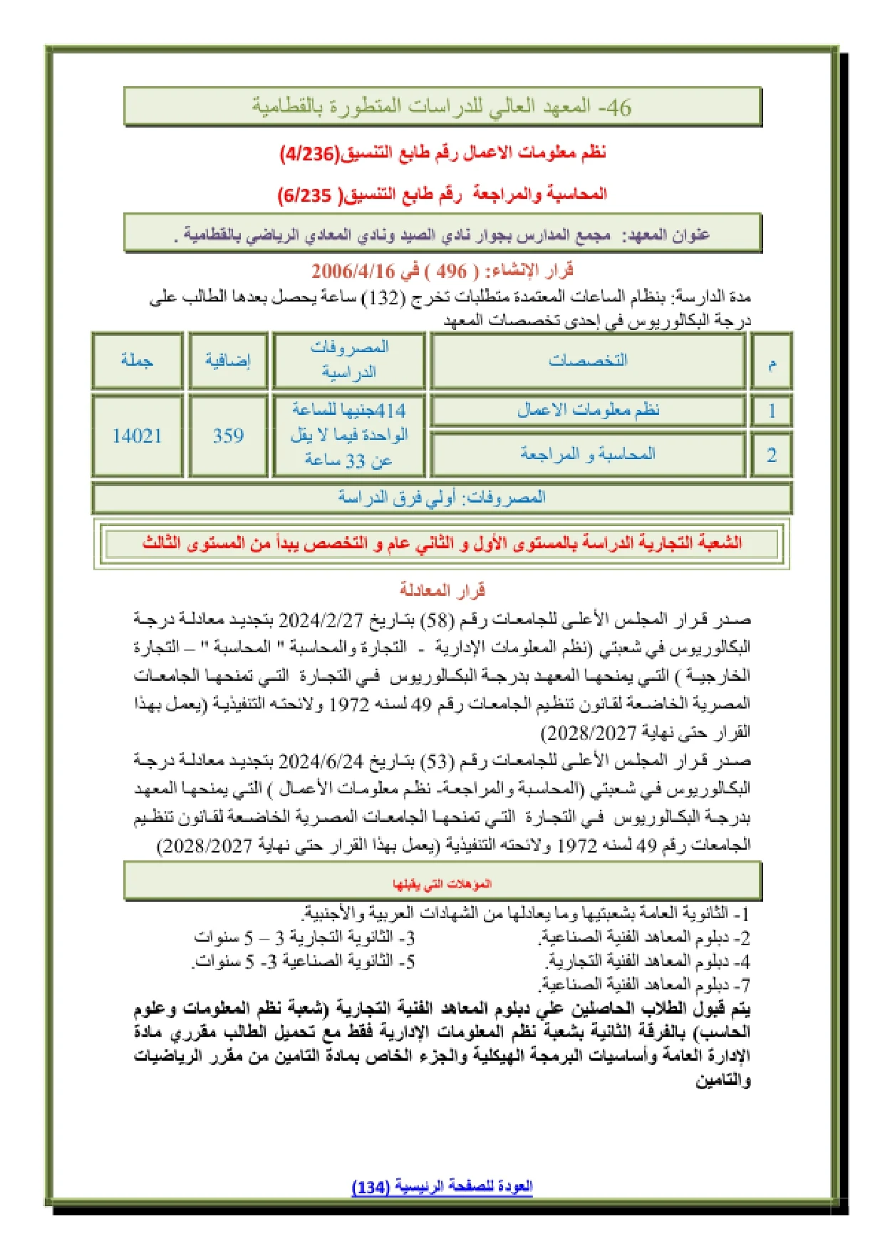 094_page-0001 تنسيق ومصاريف المعهد العالى للدراسات المتطورة بالقطامية وشروط التقديم 2026
