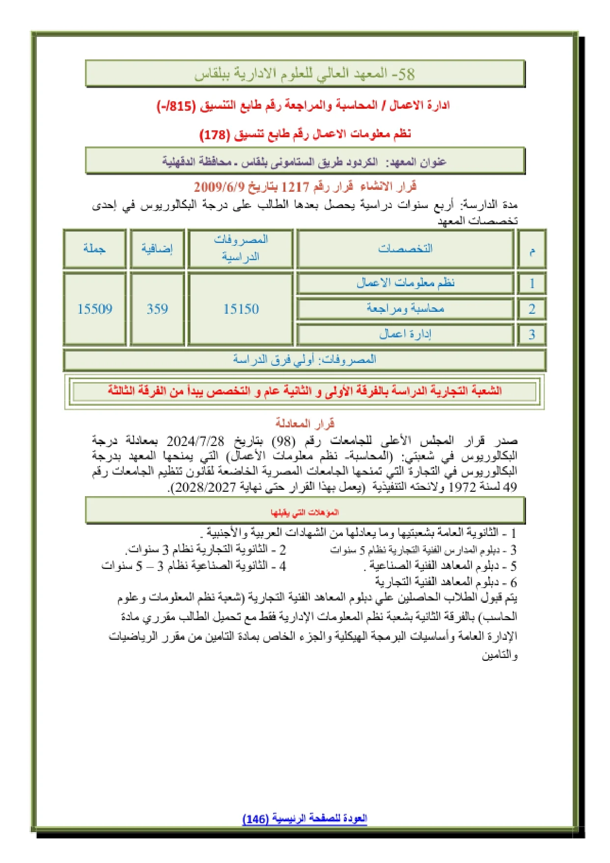 105_page-0001 مصاريف المعهد العالى للعلوم الادارية في بلقاس الدقهلية وشروط التقديم 2026