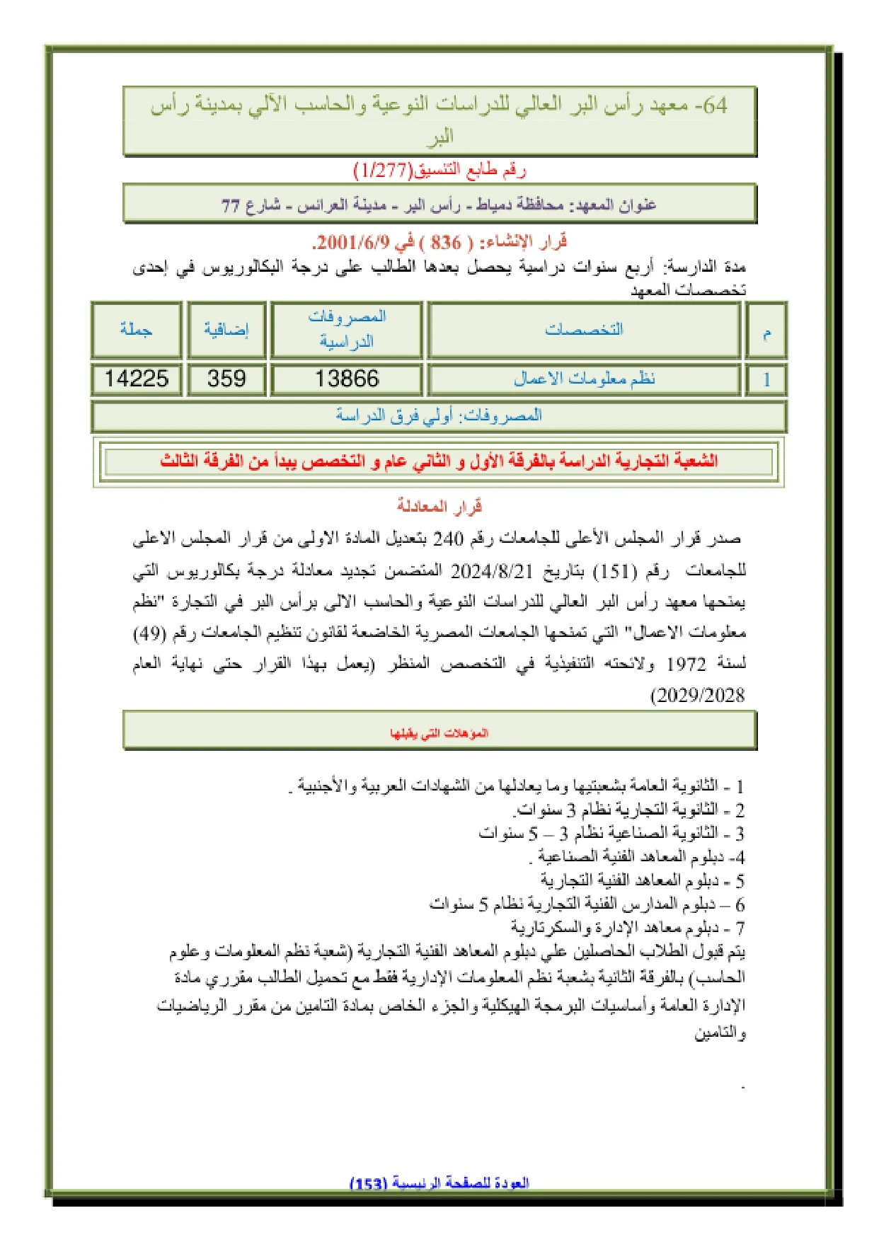 111_page-0001 تنسيق ومصاريف معهد راس البر العالي للدراسات النوعية وشروط التقديم 2026