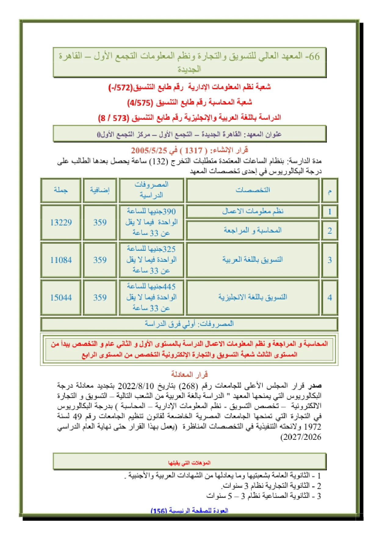 113_page-0001 تنسيق ومصاريف المعهد العالي للتسويق والتجارة ونظم المعلومات في التجمع الأول 2026