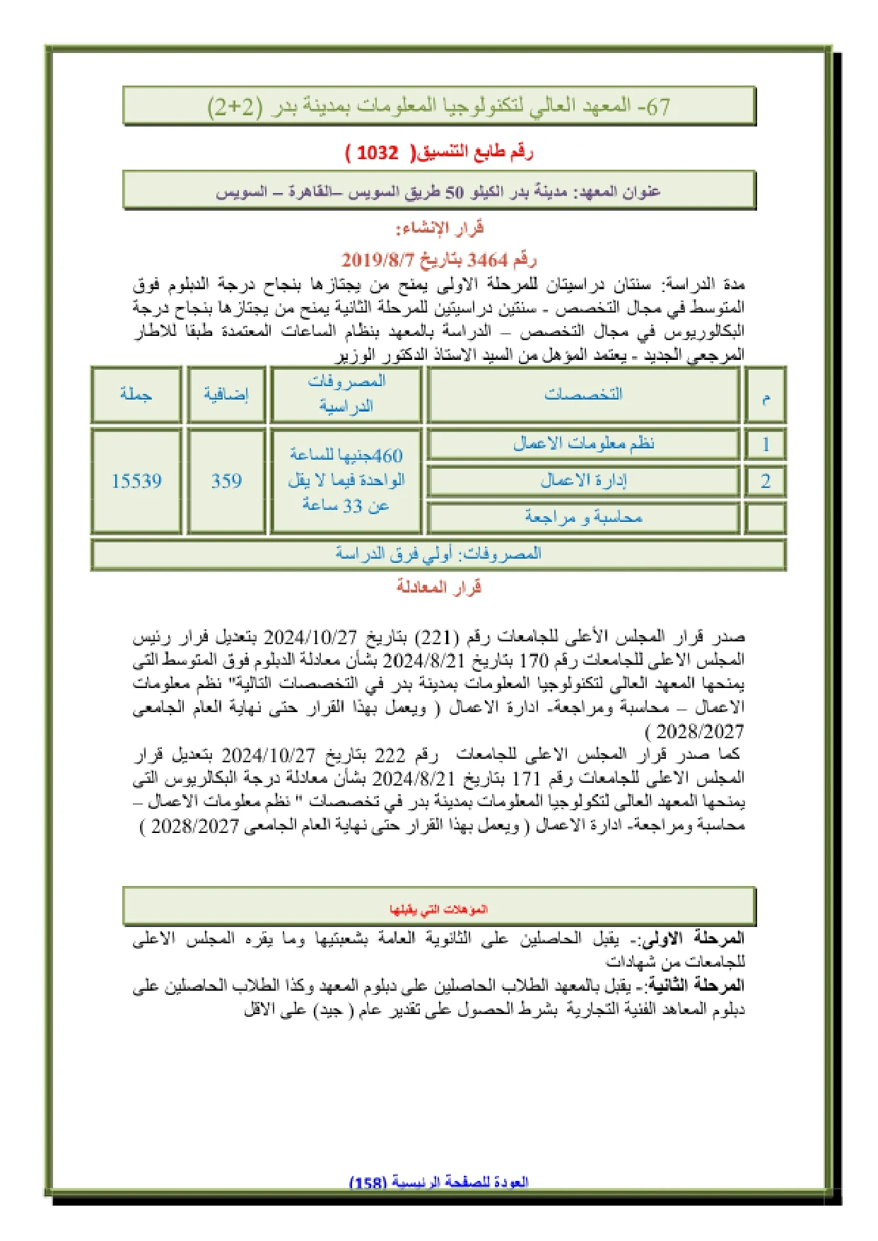 114_page-0001 تنسيق ومصروفات المعهد العالي لتكنولوجيا المعلومات بمدينة بدر (2+2) والشروط 2026