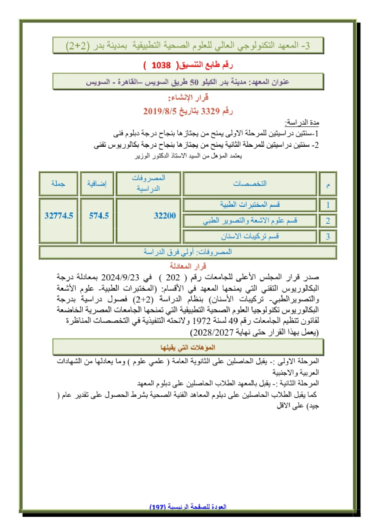 148_page-0001-1 تنسيق ومصاريف المعهد التكنولوجي العالي للعلوم الصحية التطبيقية بمدينة بدر "2+2" 2026