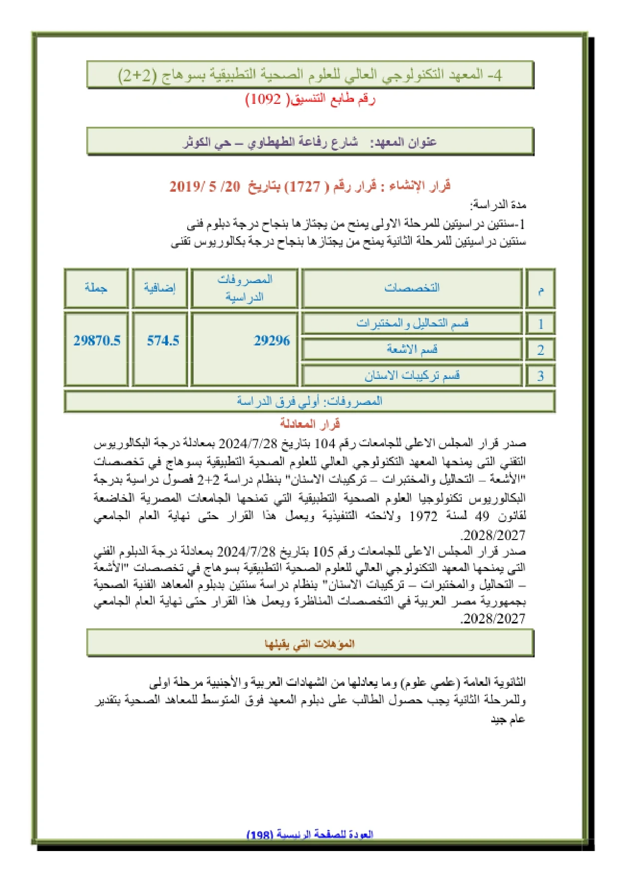 149_page-0001 تنسيق ومصروفات المعهد التكنولوجي العالي للعلوم الصحية التطبيقية بسوهاج "2+2" 2026