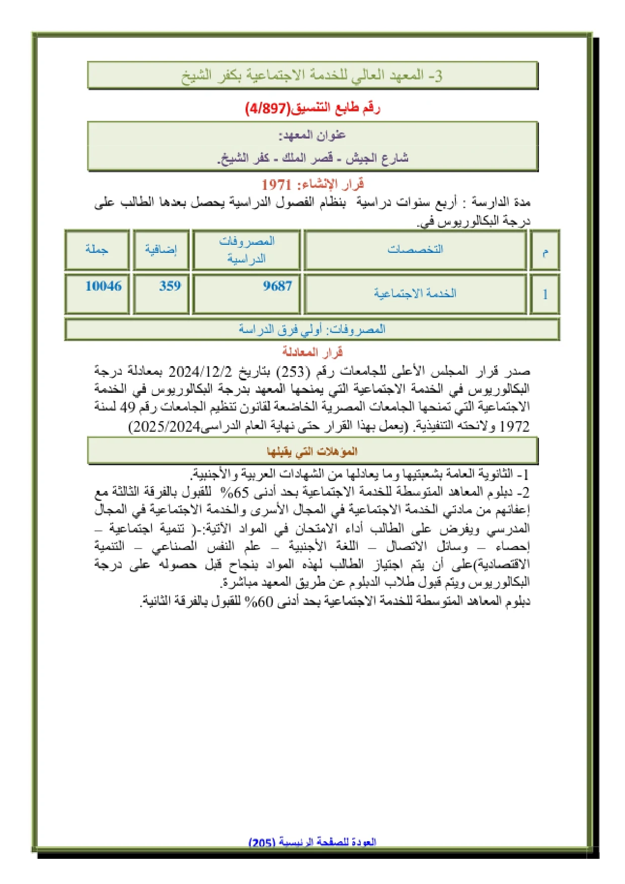 156_page-0002 تنسيق ومصاريف المعهد العالي للخدمة الاجتماعية في كفر الشيخ وشروط التقديم 2026
