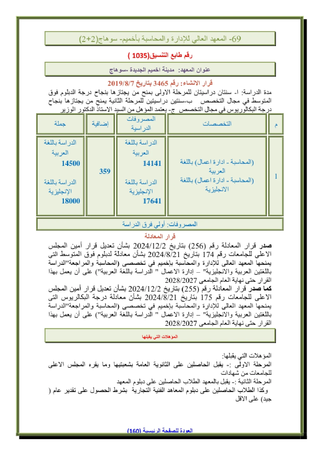 116_page-0001 تنسيق ومصاريف المعهد العالى للإدارة والمحاسبة بأخميم سوهاج وشروط التقديم 2026