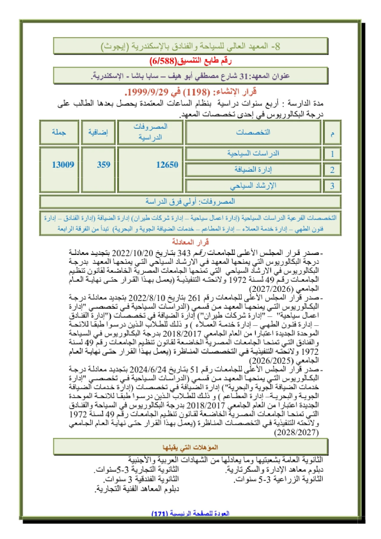 125_page-0001 تنسيق ومصروفات المعهد العالي للسياحة والفنادق بالاسكندريه إيجوث وشروط التقديم 2026