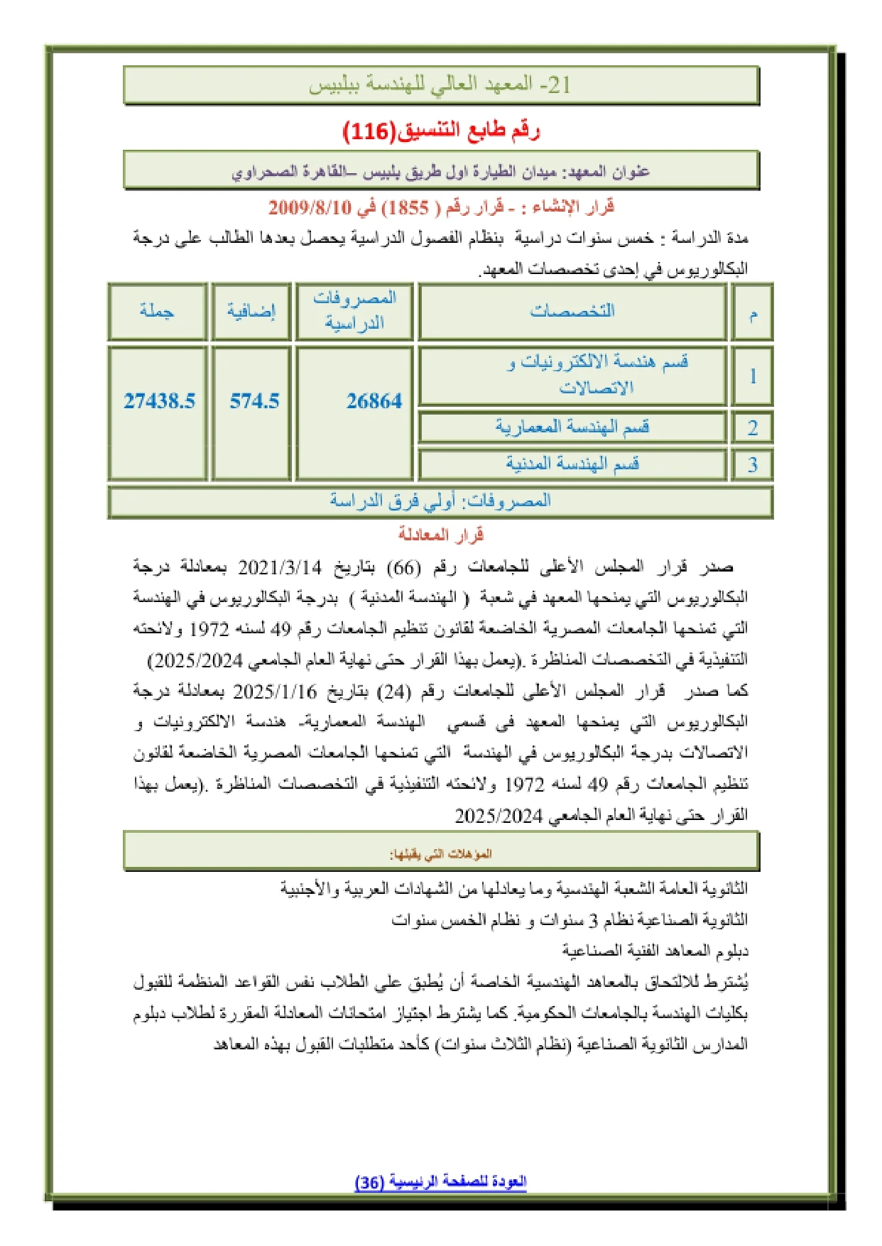 021_page-0001 مصاريف المعهد العالى للهندسة في بلبيس الشرقية وشروط التقديم وتنسيق القبول 2026
