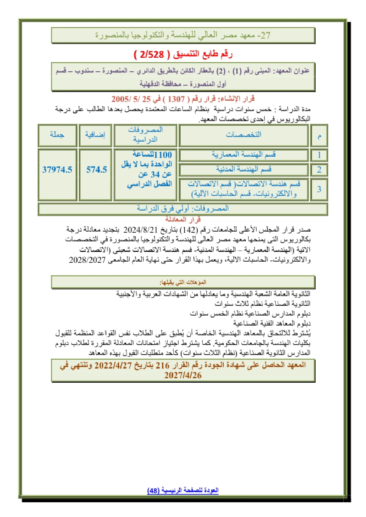 027_page-0001 تنسيق ومصاريف معهد مصر العالي هندسة وتكنولوجيا بالمنصورة وشروط التقديم 2026