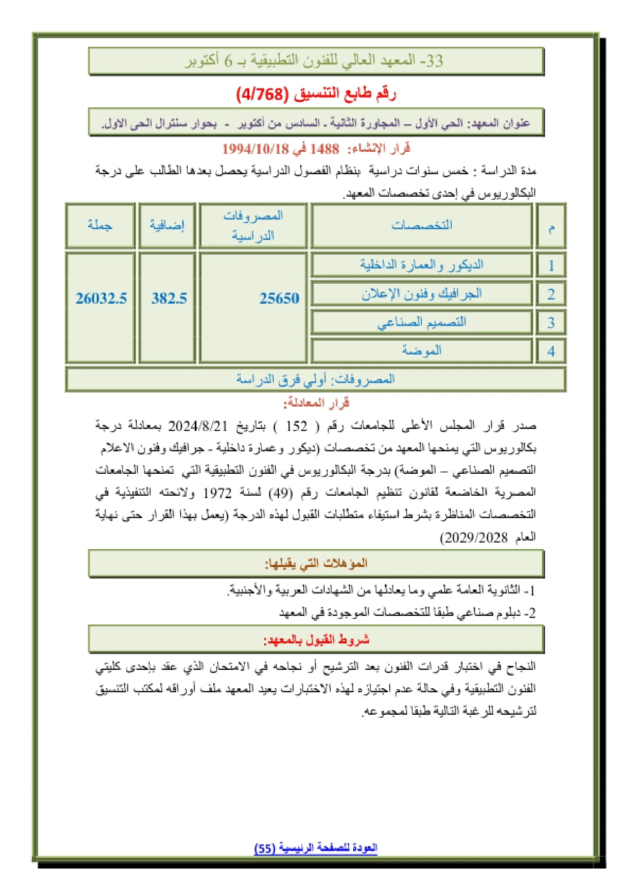 033_page-0001 تنسيق ومصاريف المعهد العالي للفنون التطبيقية في 6 أكتوبر وشروط التقديم 2026