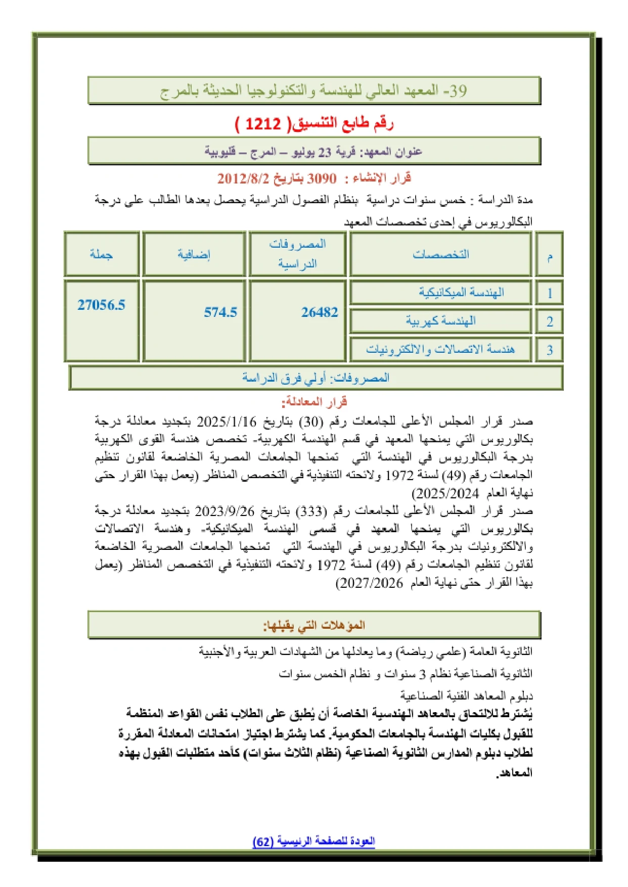 039_page-0001 مصاريف وتنسيق المعهد العالى للهندسة والتكنولوجيا الحديثة بالمرج وشروط التقديم 2026
