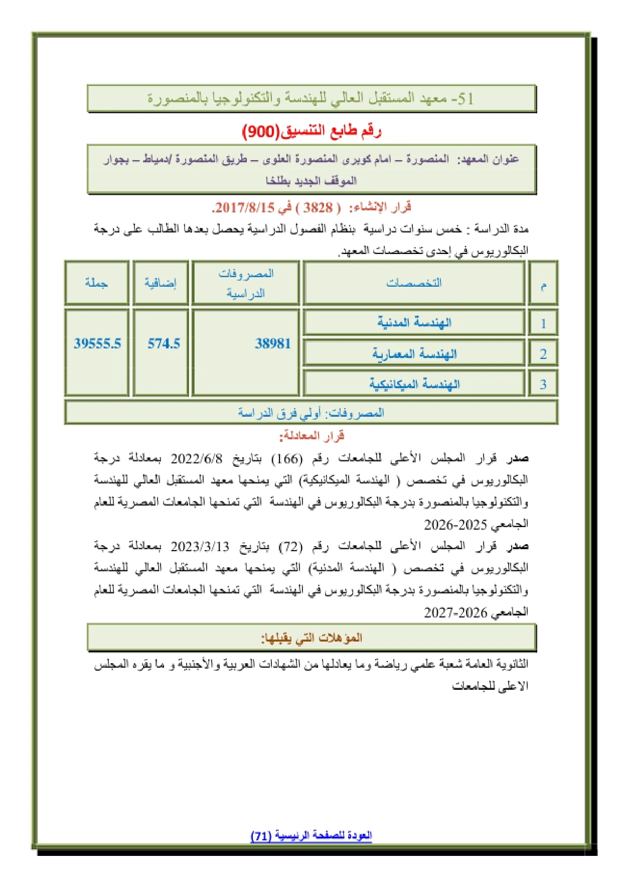 048_page-0001 تنسيق ومصاريف معهد المستقبل العالى للهندسة والتكنولوجيا بالمنصورة وشروط التقديم 2026