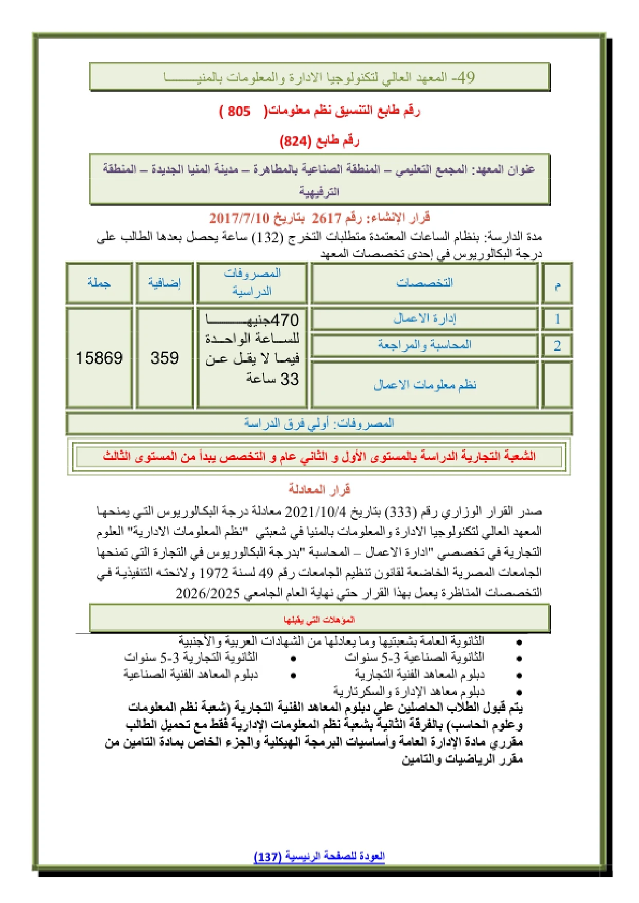 097_page-0001 تنسيق ومصاريف المعهد العالي لتكنولوجيا الإدارة والمعلومات بالمنيا 2026