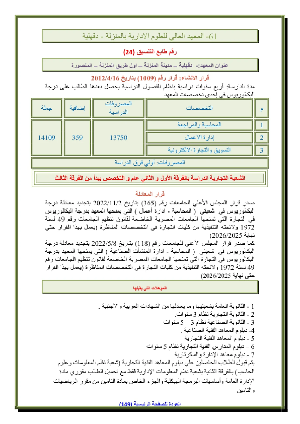 108_page-0001 تنسيق ومصاريف المعهد العالى للعلوم الادارية بالمنزلة وشروط التقديم 2026