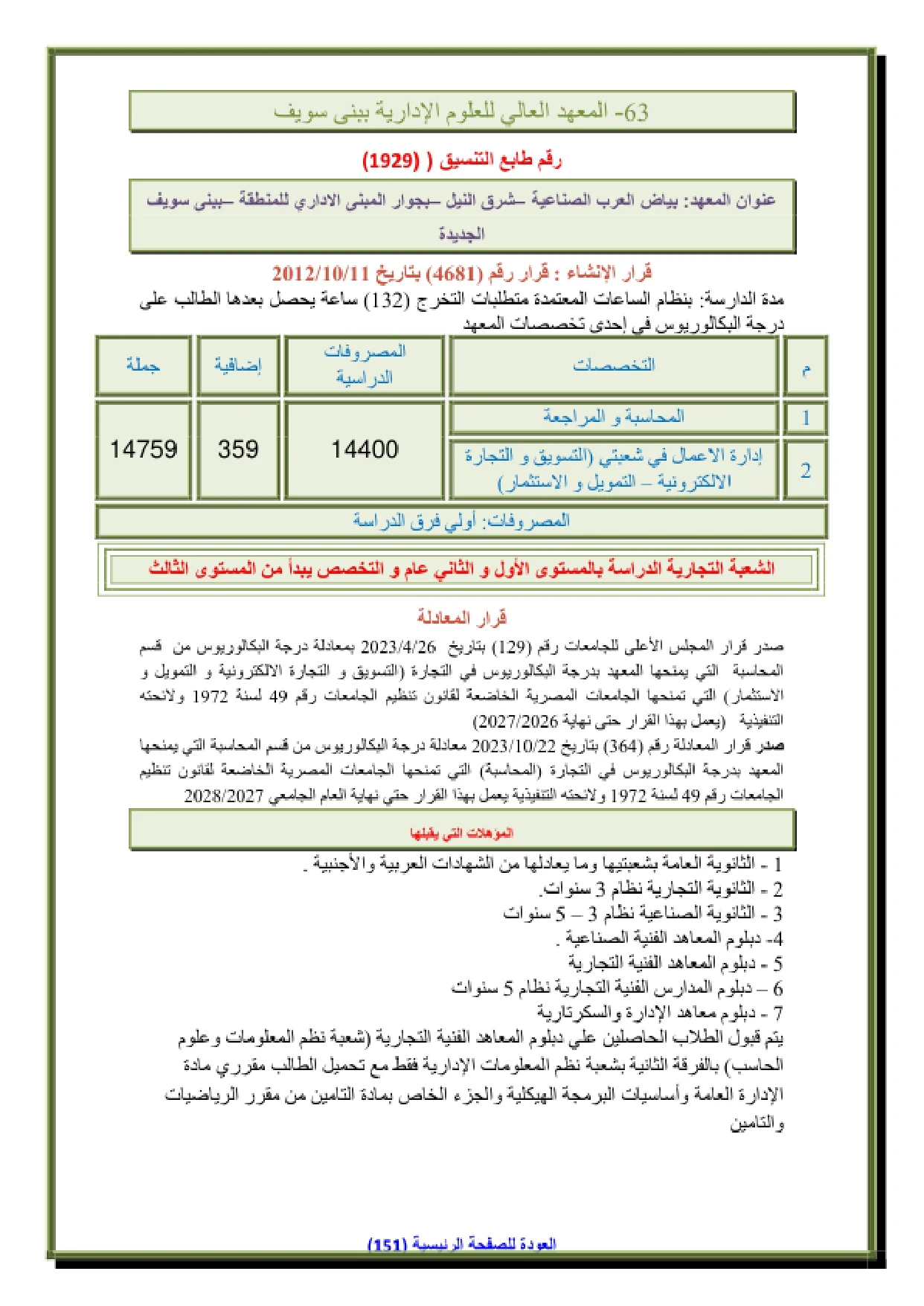 110_page-0001 مصاريف المعهد العالى للعلوم الادارية ببنى سويف وشروط التقديم وتنسيق القبول 2026