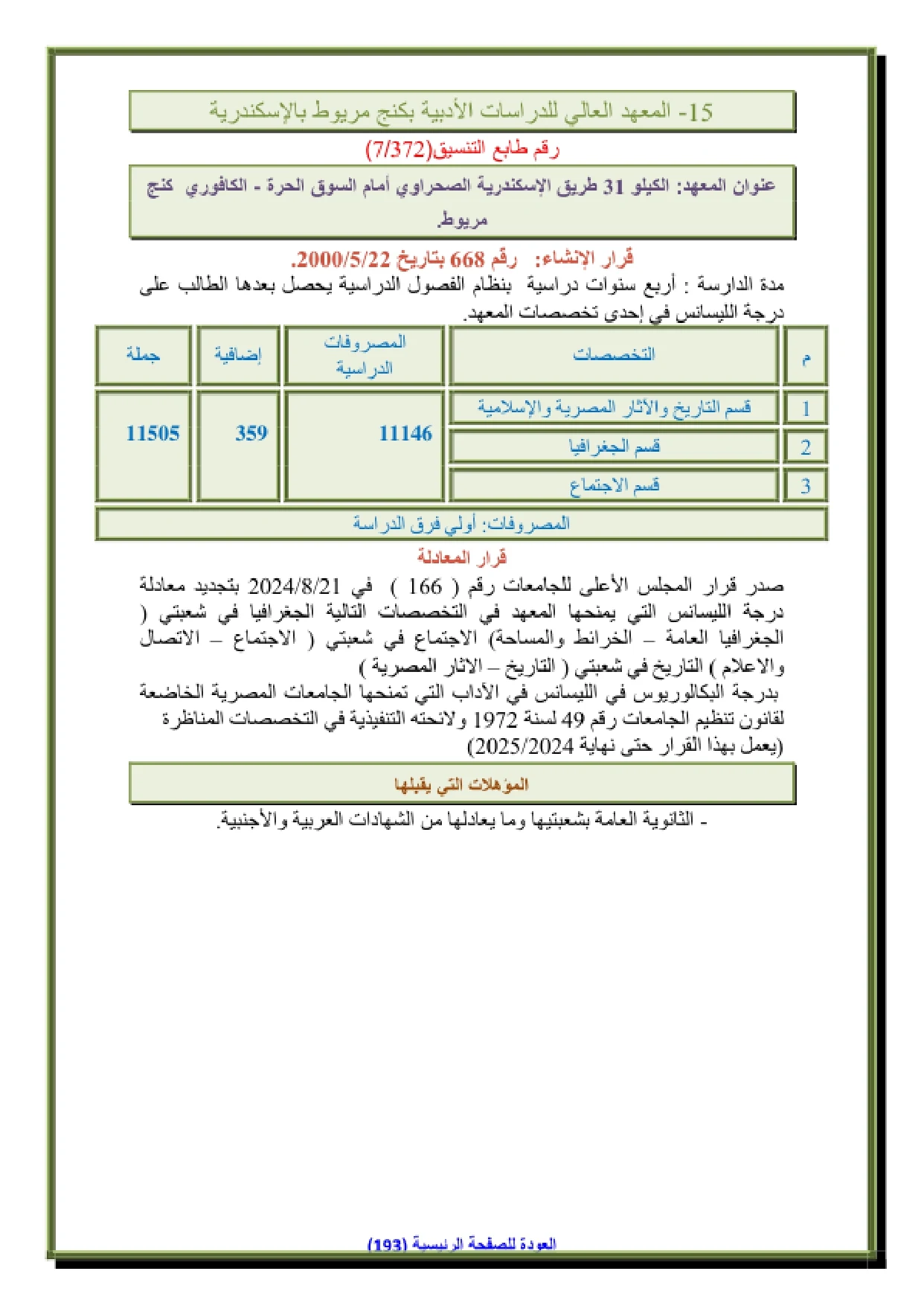 144_page-0001 مصاريف وتنسيق المعهد العالي للدراسات الادبية كنج مريوط وشروط التقديم 2026