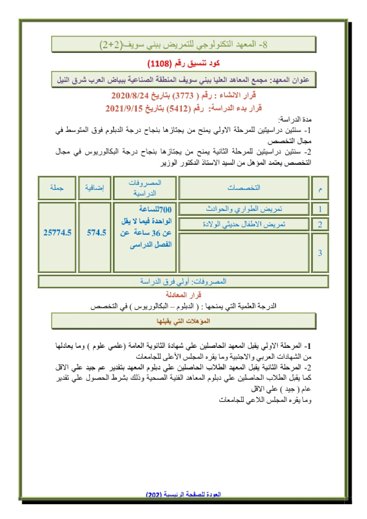 153_page-0001 مصاريف وتنسيق المعهد التكنولوجي للتمريض في بني سويف وشروط التقديم 2026