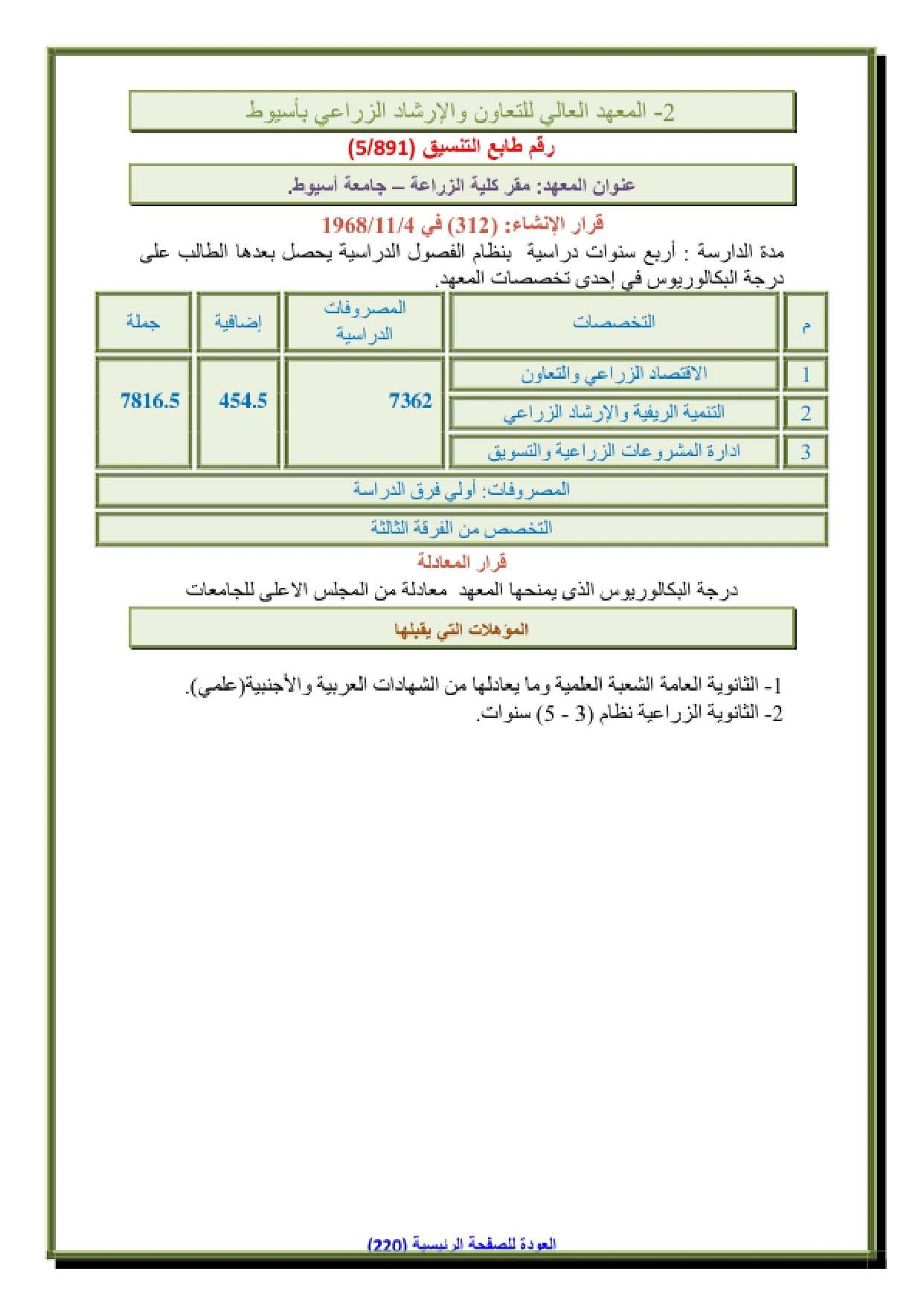 171_page-0001 مصاريف وتنسيق معهد عالي تعاون زراعي وإرشاد في اسيوط وشروط التقديم 2026