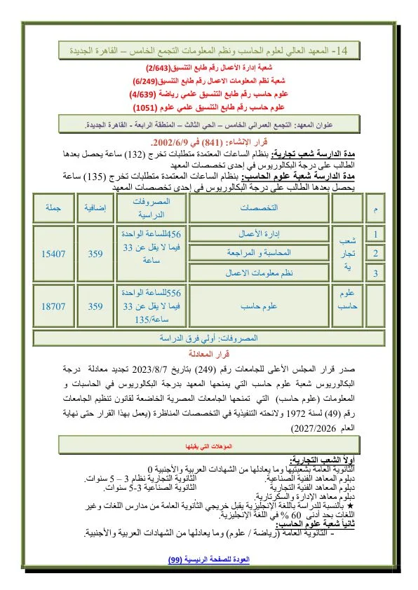 img5 تنسيق ومصاريف المعهد العالي لعلوم الحاسب ونظم المعلومات في التجمع الخامس 2026