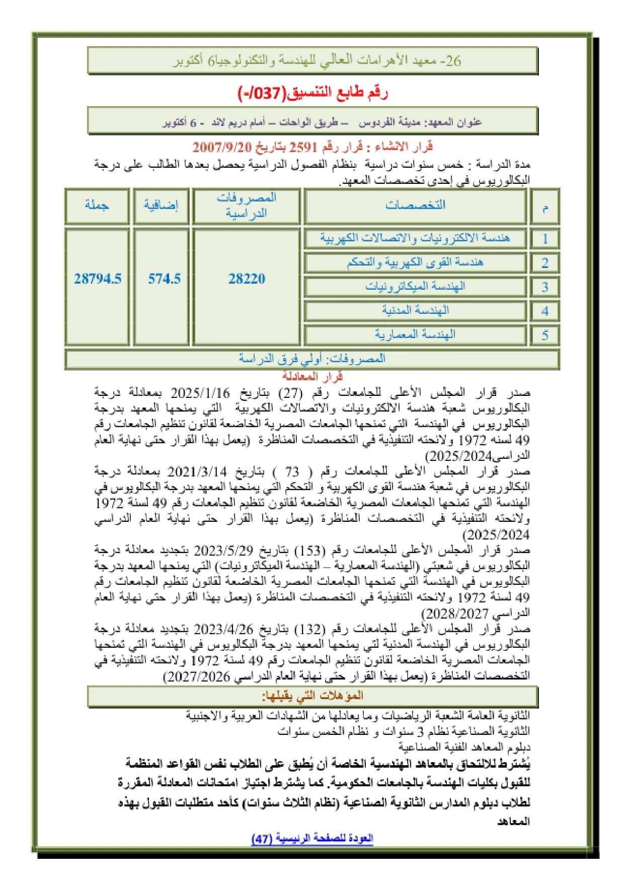 مصروفات معهد الأهرامات العالي للهندسة والتكنولوجيا 2026 تُعد المصروفات الدراسية من أهم المعلومات التي يبحث عنها الطلاب قبل التقديم. ووفقًا للأرقام الواردة في البيانات المتداولة للعام الدراسي 2025–2026، بلغت المصروفات الدراسية للأقسام الهندسية نحو: القسم المصروفات الدراسية المتداولة هندسة الإلكترونيات والاتصالات الكهربية 28,794.5 جنيهًا هندسة القوى الكهربية والتحكم 28,794.5 جنيهًا الهندسة المعمارية 28,794.5 جنيهًا الهندسة المدنية 28,794.5 جنيهًا هندسة الميكاترونيات 28,794.5 جنيهًا